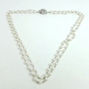 Vintage Two Strand Faux Pearl Necklace, White with Silver Tone Clasp, Classic